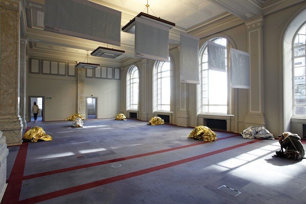 Pamela Rosenkranz. Bow Human, 2012. Acrylic plaster, emergency blanket, Vaseline, dimensions variable.